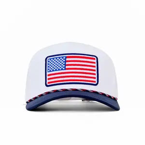 American Cap Club Wrightson Cap, American Flag RWB Rope Golf Hat, White and Navy Color, Embroidered USA Flag Patch, Curved 5-Panel, Adjustable Snapback, One Size Fits Most