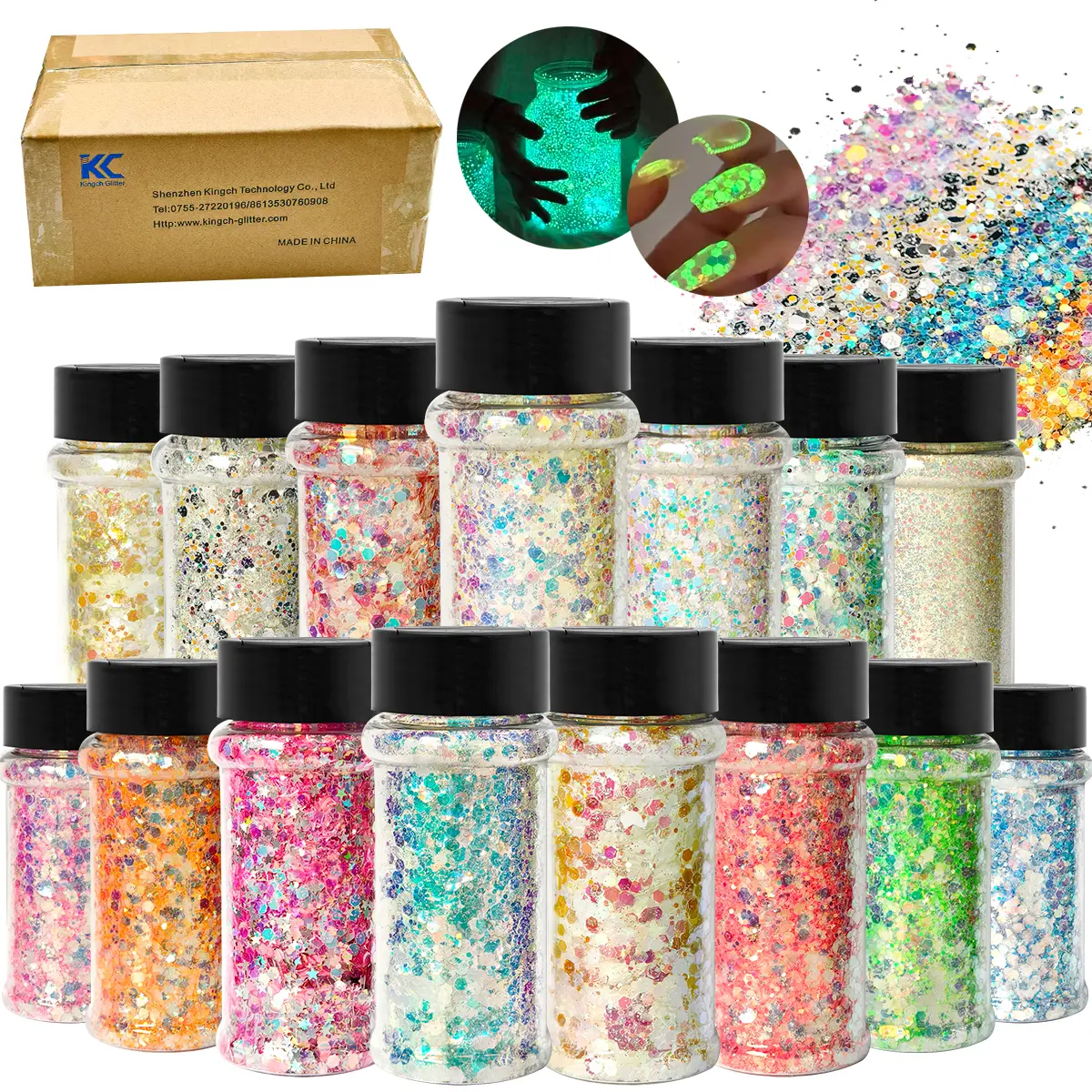 Glow in The Dark Glitter 24-Colors Holographic Chunky Face Glitter for Kids Women Body Glitter for Face Nail Hair Lip Makeup Craft Powder for Resin Arts Crafts Tumbler Slime Festivals Raves Anime Cosplay Concerts Festival