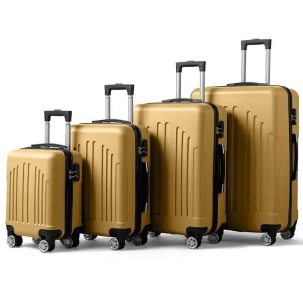 Retro Striped Hardside Luggage Set, 4-Piece ABS+Alloy Lightweight Trolley Cases with Adjustable Height Handle, 360° Spinner Wheels, TSA Lock, 16/20/24/28in for Airplane Carry On/Check-In & Daily Commuting, Mustard Yellow Curved Stripes, 11Kg Retro Charm,,
