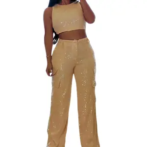 Renata Beige Sequin Set Top & Cargo Pants Women's Breathable Elegance Outfit Basic Crewneck Suits