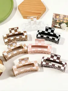 7pcs Hair Clip Set, Simple Chessboard Square Hair Clips, High-End Style Back of Head Bun Clip, Shark Claws Hair Accessories for Short and Thin Hair, Flat Claw Clips
