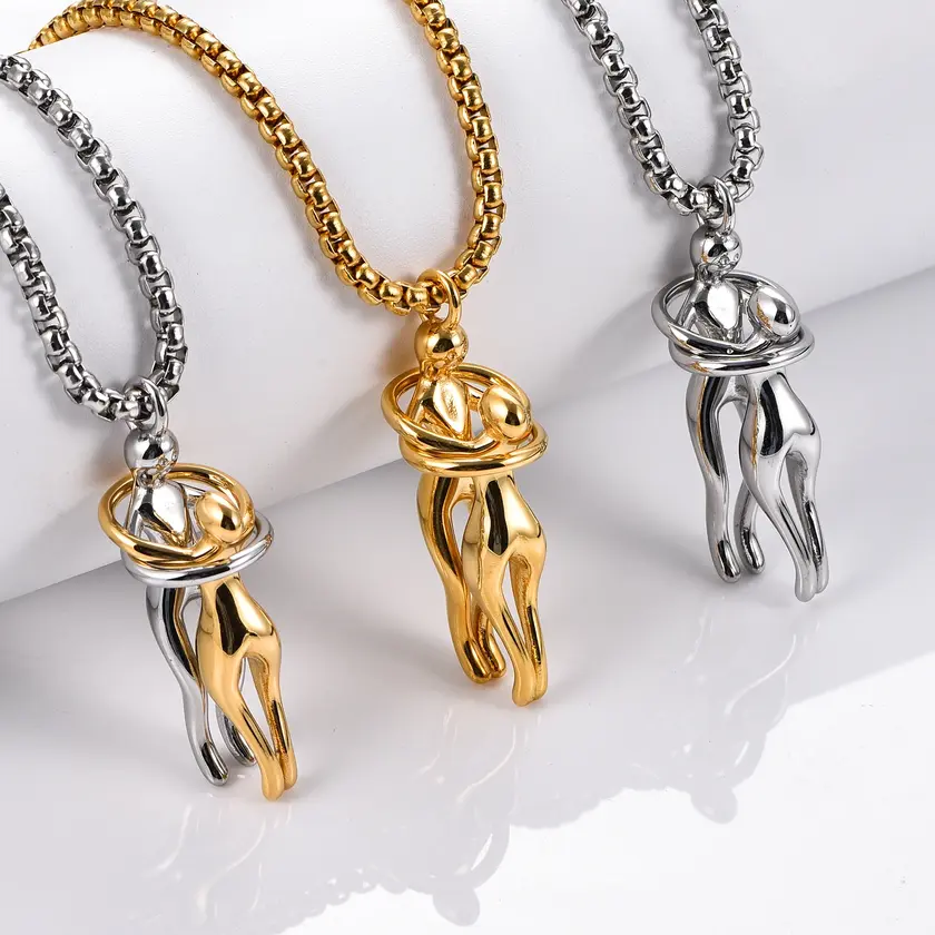 Quality Stainless Steel Couples/Lovers Hugging Pendant Necklace - 20"