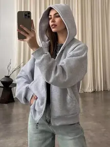 Oversized Zip - Up Hoodie Top Gray Black Light Gray Multiple Color Casual Street Wear Pocket Cozy & Stylish Outerwear Women's Versatile Sweatshirt Perfect For Daily Looks & Lazy Outfits Hoodies