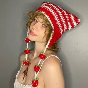 triple berry string cat hat crocheted striped beanie strawberry pompoms handmade fashion accessories