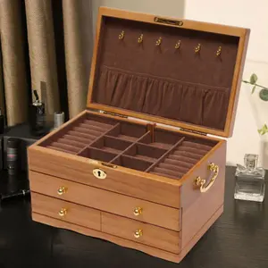 Large Capacity Wooden Jewelry Box 3 Layers W/ Safe Lock Retro Organizer Velvet Earring
