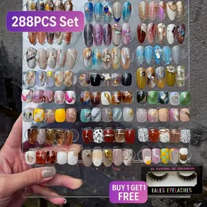 Surprise Box Nail Set, 288pcs Press-On Nails with Rhinestones, Glossy Finish, Includes Tool Kit & Mini File, Perfect Gift for Women