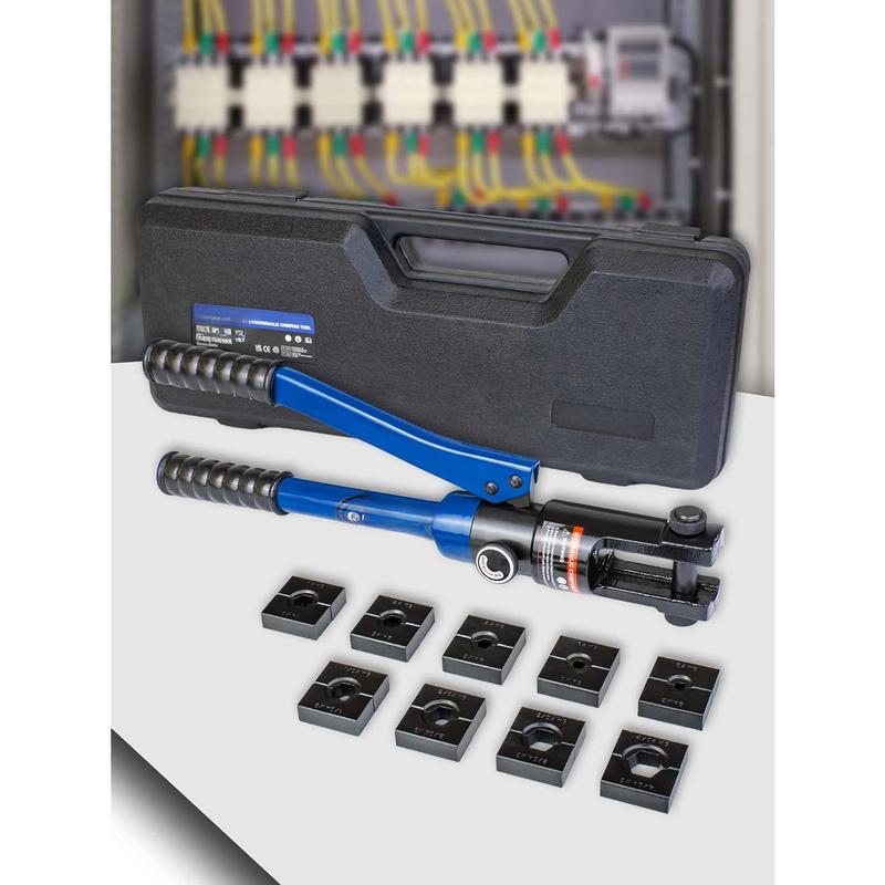 12 Ton Hydraulic Crimping Tool with 9 Standard  Dies, Crimps 8AWG to 4/0 AWG, Hardened Steel Construction with Oxidized Surface for Durability(Standard  8AWG to 4/0AWG)