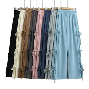 Women's High Waist Side Tie Bowknot Sports Stacked Sweatpants Versatile Retro Loose Wide Leg Casual Pants - 8 Colours Maxi Womenswear