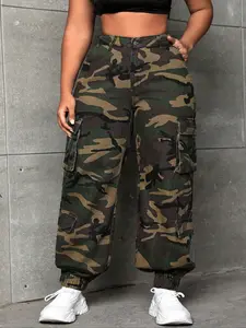 Women's Plus Size Camo Military Denim Jeans, Fitted Stretchy Comfortable Washed Craftsmanship Long Pants, Trendy Fashion All Seasons