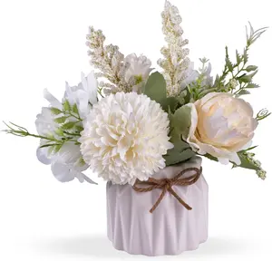 Artificial Potted Flowers White, Small Ceramic Vase Fake Flower Plants Desktop Decoration Indoor for Home and Office, Faux Flowers Hydrangea Decora for Table,Bookshelf,Bedroom,Living Room.(White)