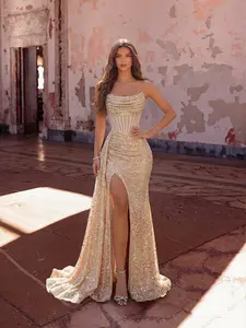 Backless High Slit Maxi Dress with Sequins, Elegant Formal Evening Gown for Weddings, Graduation Balls, All Seasons Party Wear