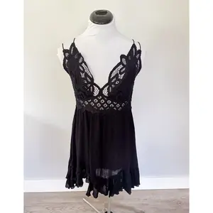 Free People Boho Lace and Crochet Adella Slip in Black
