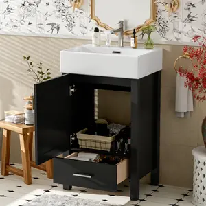 20.28'' Black Modern Bathroom Vanity with Ceramic Sink, Solid Wood Frame, and Drawer – Ideal for Small Bathrooms. WL