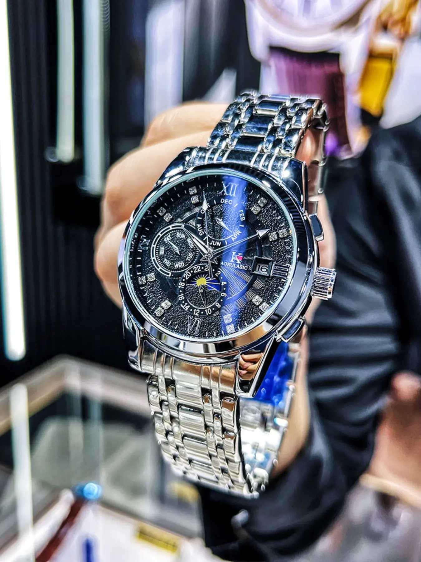 Luxury Business Men's Mechanical Watch, Fashion Casual Style, Multi-Function Automatic Watch, Hollow Skeleton Dial, Stainless Steel Strap