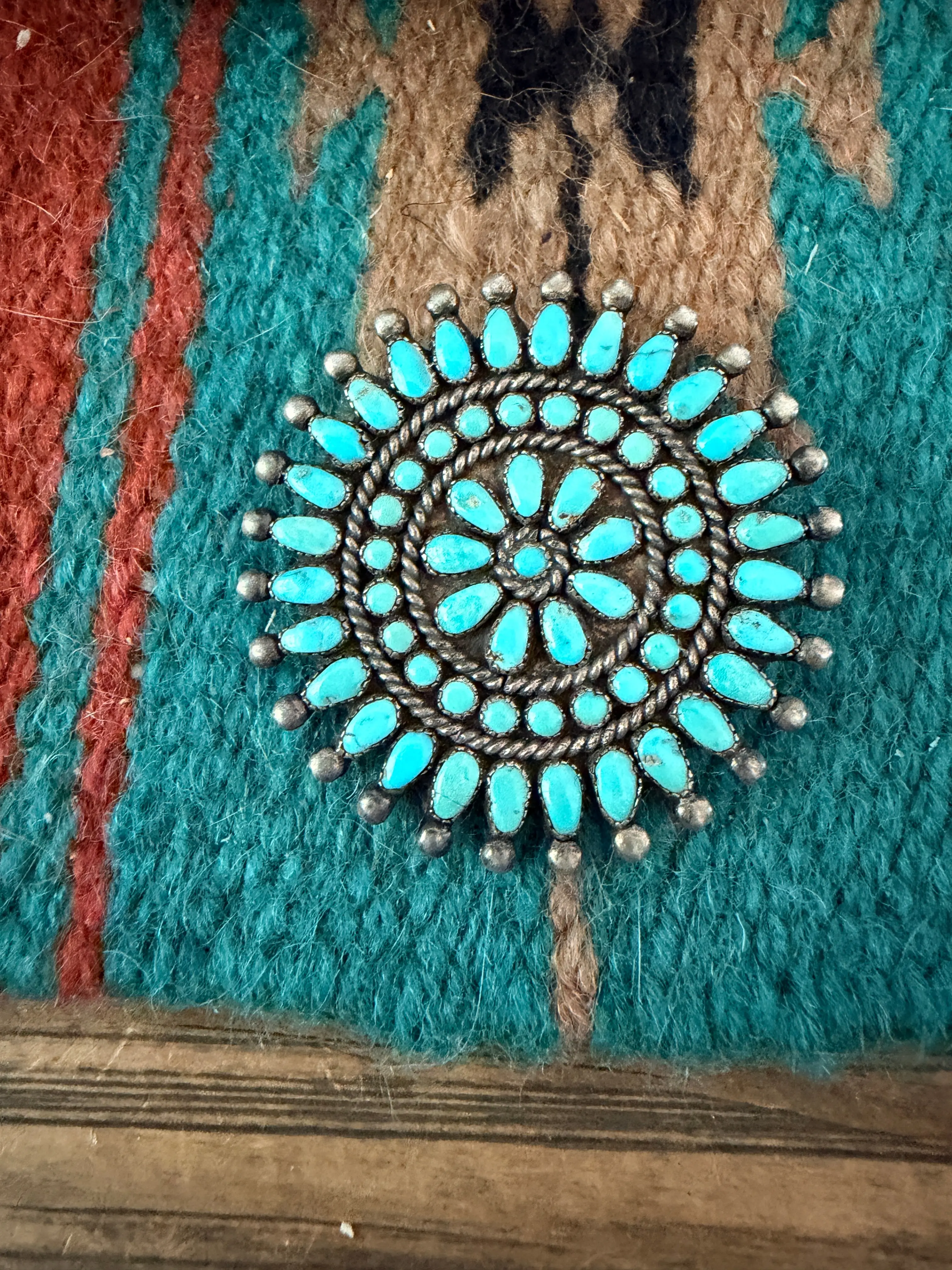 Old Pawn Handcrafted Turquoise and Sterling Silver Cluster Brooch