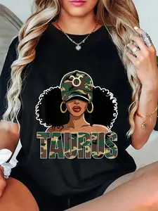100% Cotton Unisex Taurus Queen Camo Birthday Black Woman Cap Zodiac Sign T-Shirt