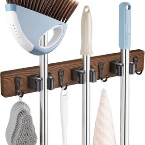 Mop Broom Holder Wall Mount with 3 Slots & 4 Hooks - Wood Broom Mop Hanger for Pantry Kitchen Organization - Tool Organizer for Closet Laundry Room - for Rustic Farmhouse Kitchen Decor : Tools & Home Improvement