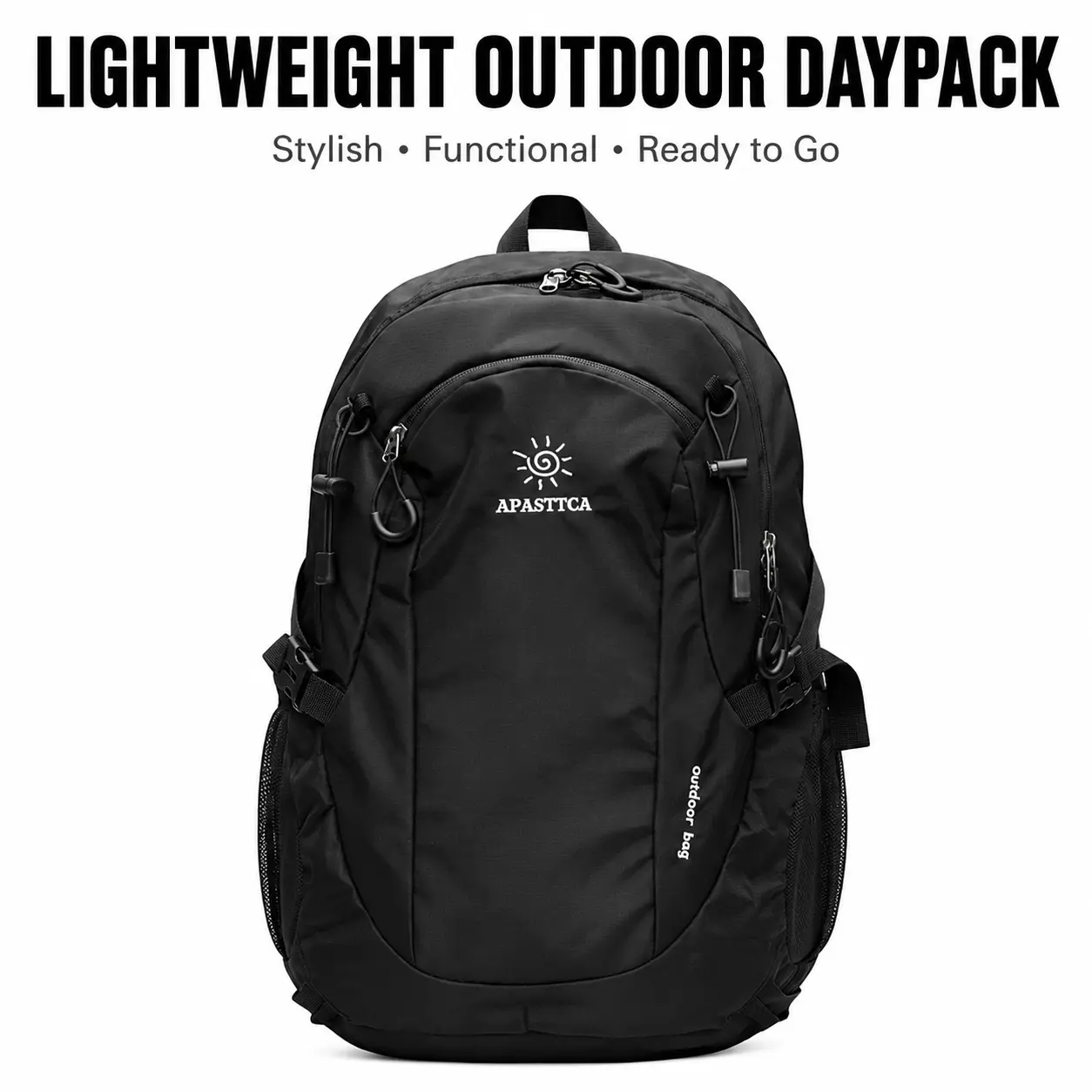 Apasitca Lightweight Outdoor Daypack - Stylish Functional Ready to Go Black Backpack for Travel & Adventure