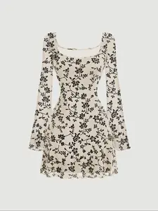 Women's Floral Print Flounce Sleeve Dress, Chic Elegant Square Neck Long Sleeve A-Line Dress for Parties, Holidays and Wedding Guests, Suitable for All Seasons