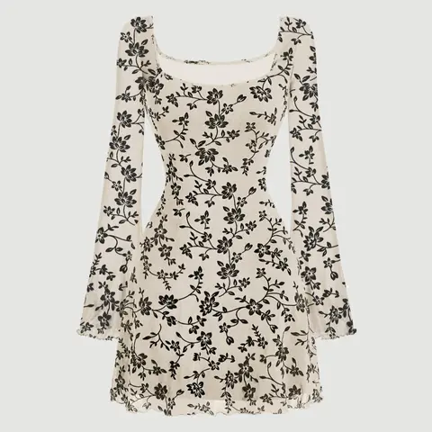 Women's Floral Print Flounce Sleeve Dress, Chic Elegant Feminine Casual Square Neck Long Sleeve A-Line Dress for Parties, Holidays, Wedding Guests and Wedding Attire, Suitable for All Seasons, Womenswear