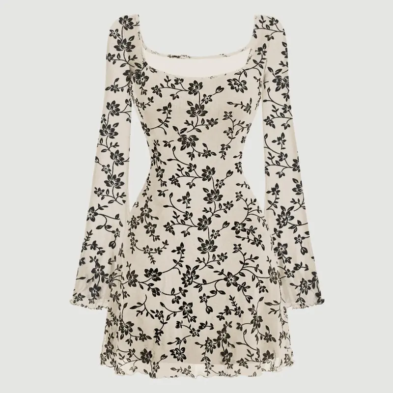 Women's Floral Print Flounce Sleeve Dress, Chic Elegant Feminine Casual Square Neck Long Sleeve A-Line Dress for Parties, Holidays, Wedding Guests and Wedding Attire, Suitable for All Seasons, Womenswear