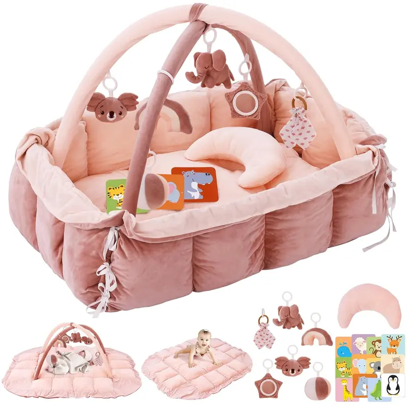 HAN-MM 5-in-1 Convertible Baby Play Gym - Tummy Time Mat With 6 Toys & Ball Pit For Newborns To Toddlers