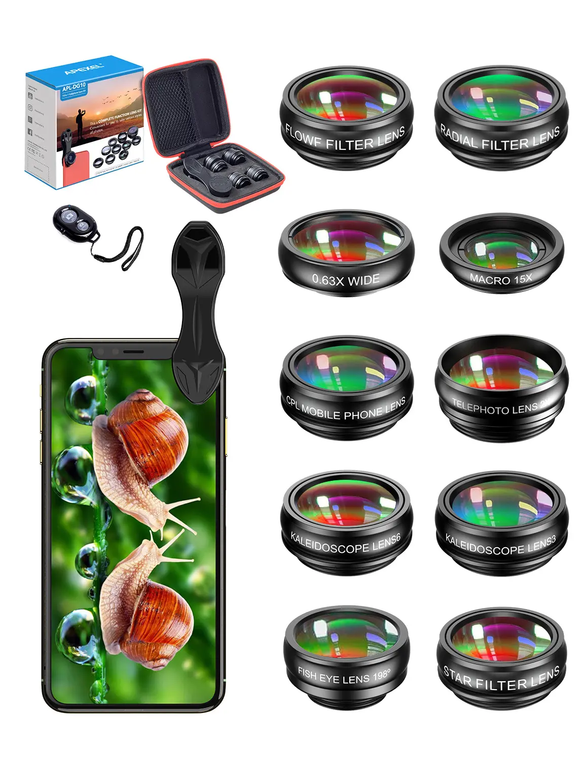 APEXEL ULTIMATE 10-in-1 Phone Lens Kit: Star/Kaleidoscope Filters + Remote! Viral Abstract TikTok for iPhone Samsung Cellphone Smartphone Travel Gadgets Cellular