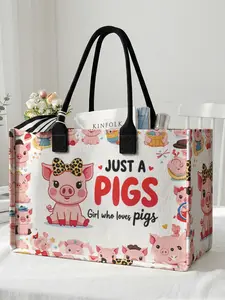 1 piece of pink pig 'JUST A PIGS' 2D printed large capacity storage bag, tote bag, extra large storage bag, sturdy handle, space-saving multi-purpose, suitable for use at school, on business trips, and shopping