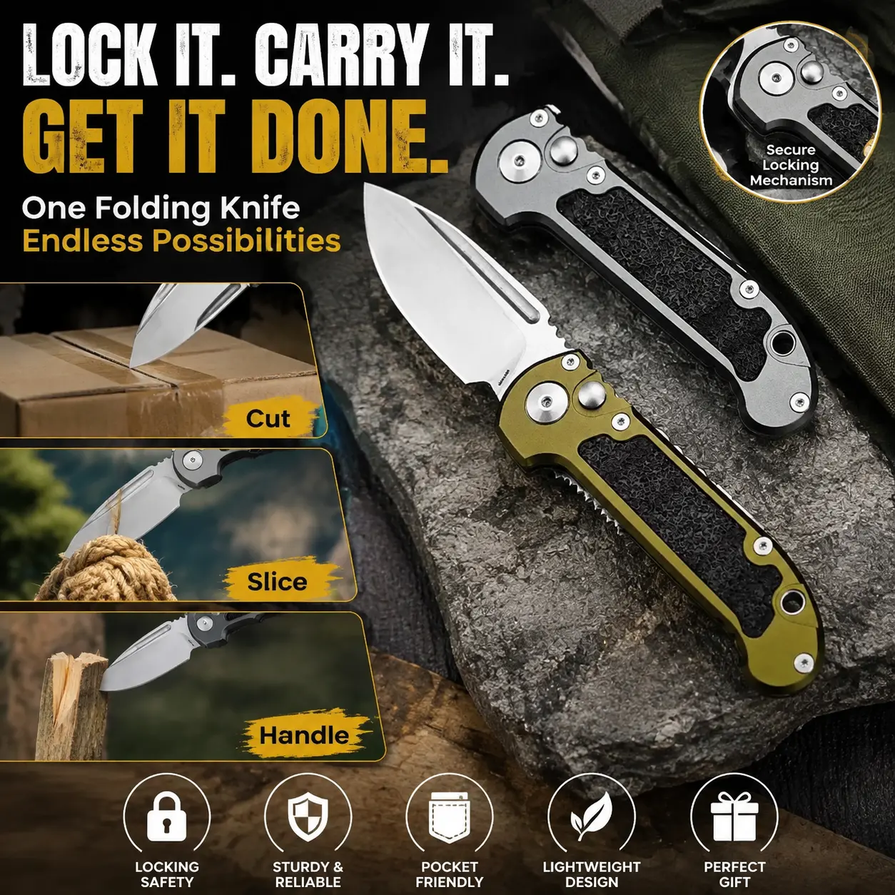 MICR Gen III Folding Pocket Knife, D2 Steel Blade EDC Knife with Aluminum Handle, One-Hand Opening Outdoor Tool for Camping & Everyday Carry