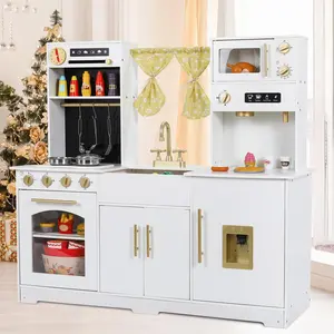 Wooden Pretend Kids Play Kitchen, Large Toodler Cooking Playset, Stove and Water Dispenser w/Sound & Light, Sink, Microwave, Curtain