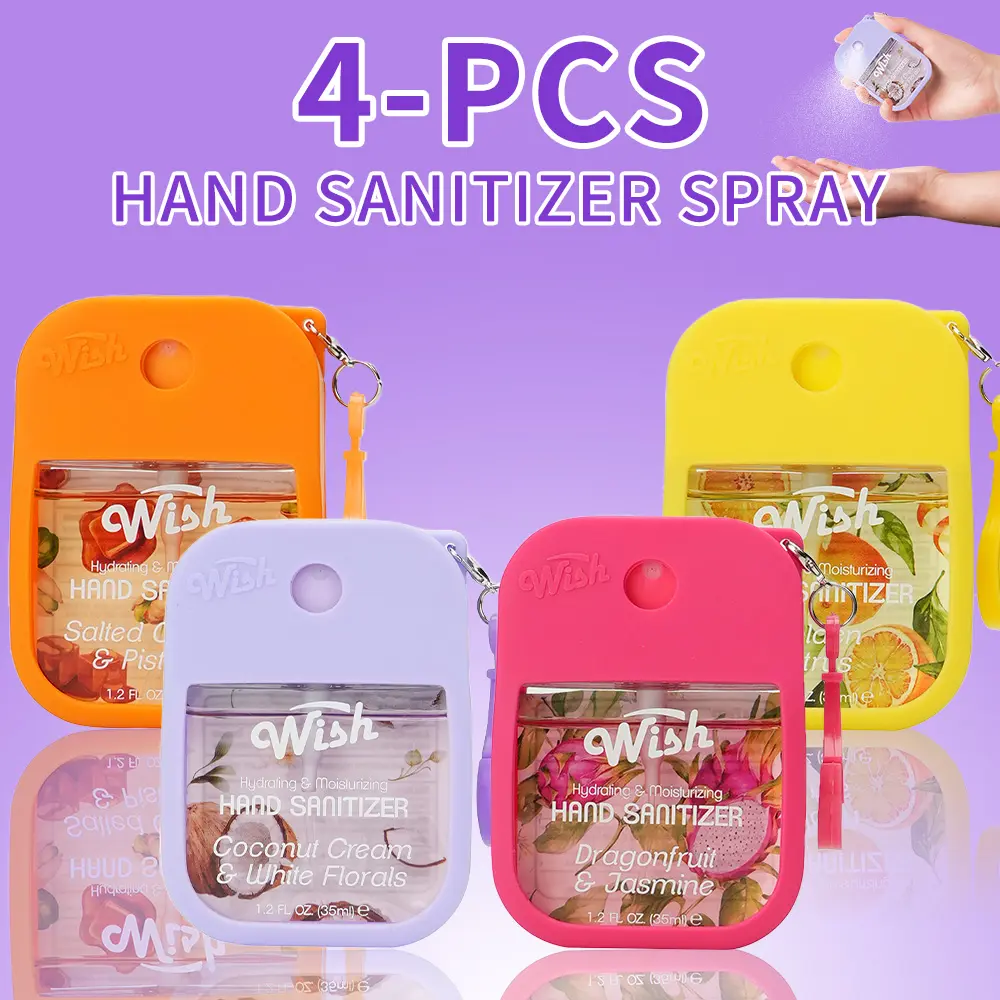 Wish 4PCS Mist Hand Sanitizer Spray 1.2oz with Silicone Sleeve and Key Chain, Pocket Hand Sanitizer Bottle, 500-Sprays Each, 4 Flavors Spray Hand Sanitizer Set Travel Size