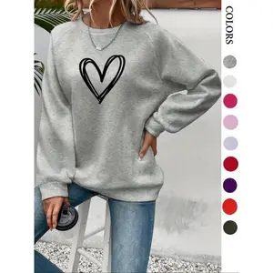 Women’s heart print long-sleeve crewneck sweatshirt, casual raglan-sleeve round-neck pullover, women’s tops for daily wear, sweatshirts for women, comfortable womenswear, Valentine’s Day gift, trending clothing — women’s fitted hoodie