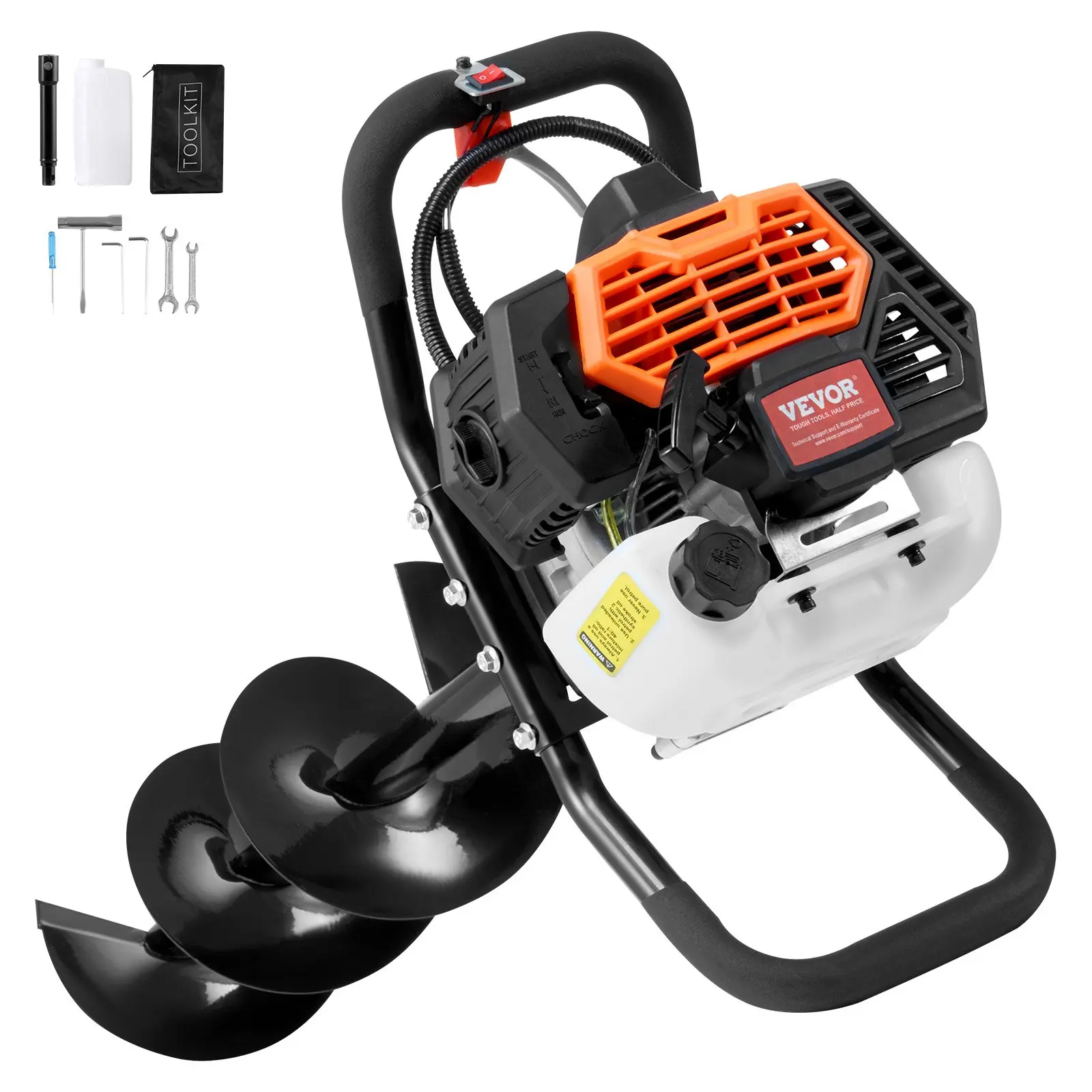 VEVOR Post Hole Digger, Gas Powered, 52CC 1450W Engine, 8-in Alloy Steel Drill Bits, 1 Extension Rod, Anti-Vibration Foam Butterfly Grip, Orange+Black