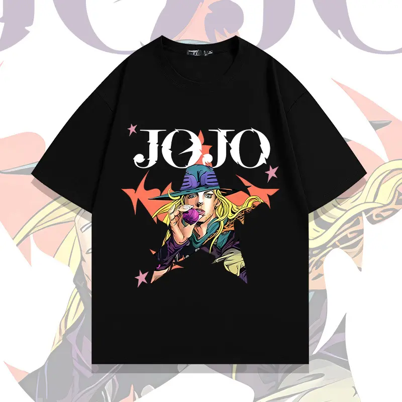 JoJo's Bizarre Adventure Steel Ball Run Gyro Zeppeli Graphic Men's Short-Sleeve Crew Neck T-Shirt, Oversized Heavyweight Durable Cotton Unisex Streetwear, Big Letters Star Accents Design, Father's Day Gift for Classic Anime Fans, Jojo's Bizarre Adventure