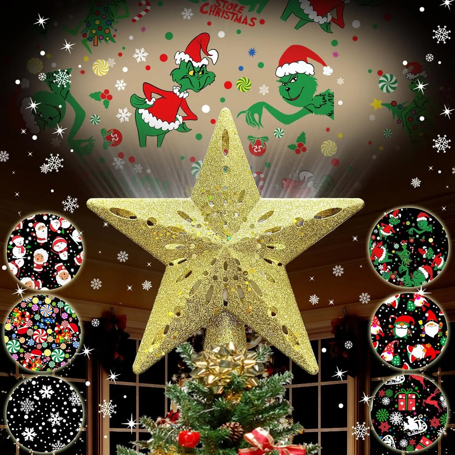 10" Christmas Tree Topper Projector with 6 Projection Modes, Built-in LED Rotating Light, 3D Glitter Dynamic Projector Light Up Tree Topper Star for Xmas Holiday Party Decorations Gifts (Gold)