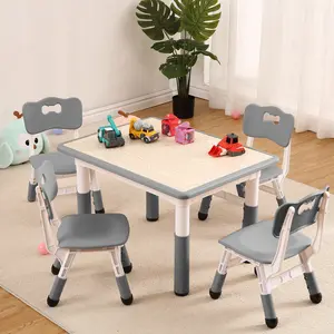 Kids Table and Chairs Set, Toddler Height Adjustable Desk with Graffiti Desktop, Arts & Crafts Table With 4 Seats, Non-Slip Legs, Max 300lbs, Suitable for Kids Table and Chairs Ages 2-10, Grey