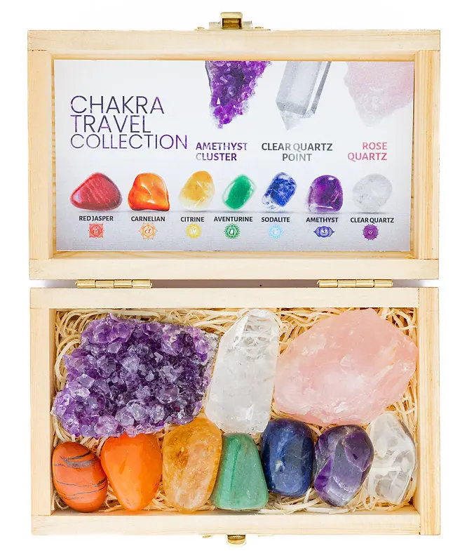 Chakra Balancing Crystal Set for Travel | 10 Healing Stones + Engraved Wooden Display Box