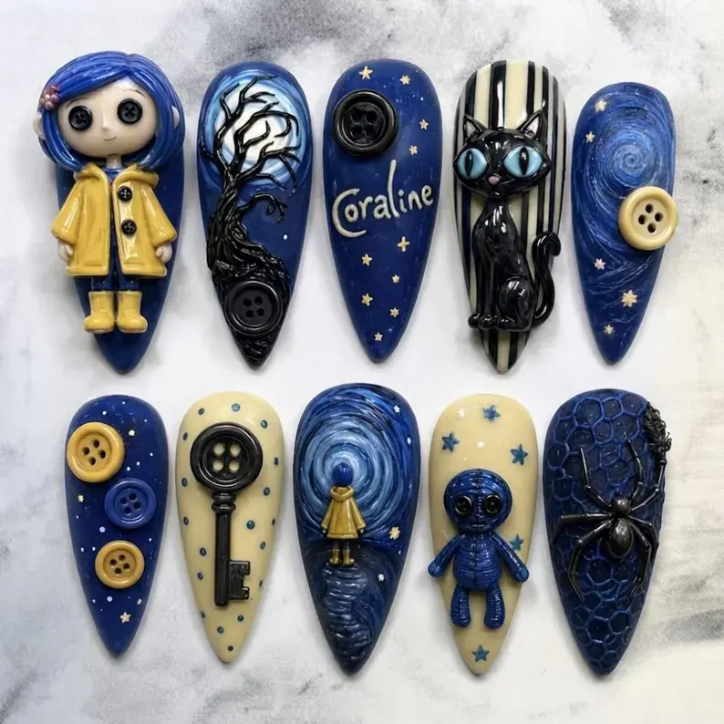 Coraline Inspired Press On Nails, Handmade 3D Blue Button Cat Fantasy Nails, Spooky Cute Gothic Art Nail Set