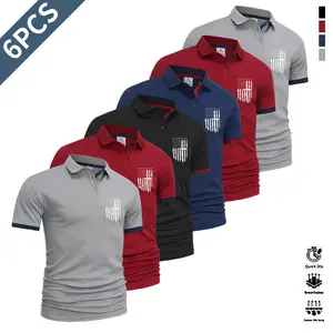 Men’s summer essential 6-pack polo shirts—simple commuter style with contrast stripe accents at the collar and cuffs; versatile short-sleeve design suitable for business meetings, friend gatherings, sports, fitness, and more.