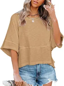 New Summer European & American Style Solid Color Crew Neck Loose T-Shirt with Three-Quarter Flared Sleeves