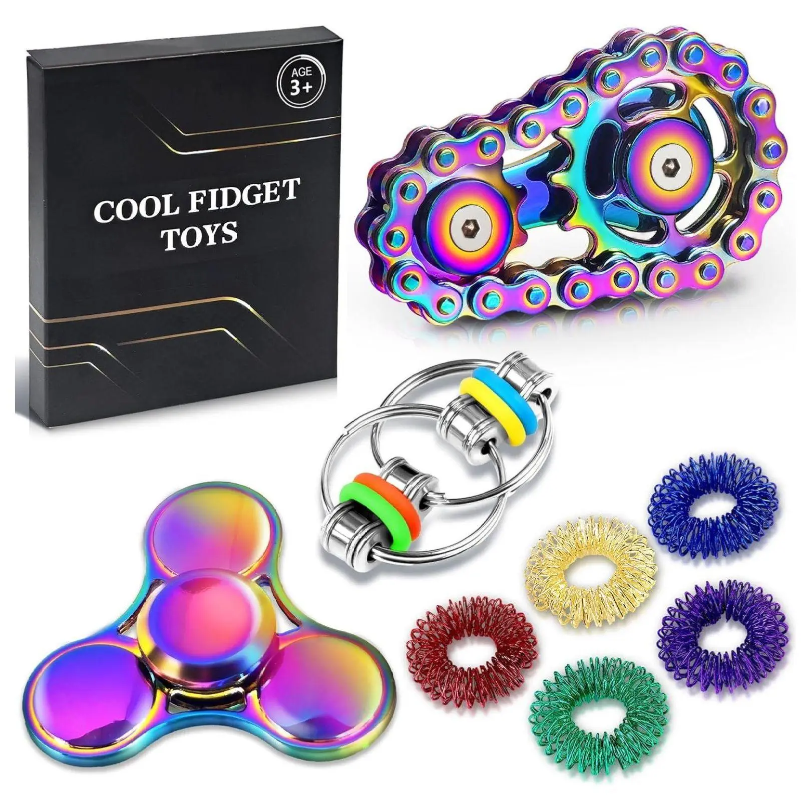 Fidget Toys Pack for Adults & Teens - 8Pcs Sensory Fidgets Spinner Rings Chain ADHD Stress Relief - Anxiety Calming Desk Toys for Office School Home Style B