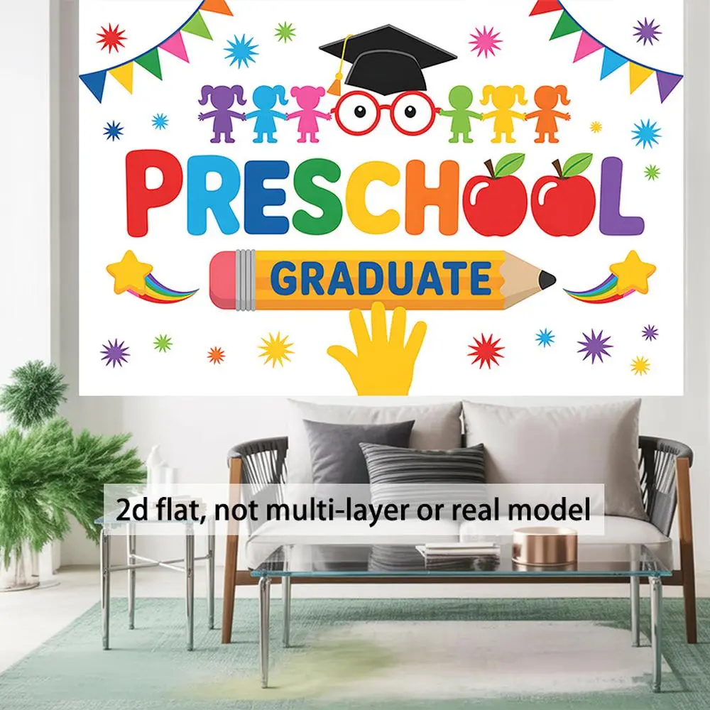 1PC 2D Flat Polyester Photo Backdrop - Cartoon-Style Graduation Party Decorations, Reusable Preschool Graduate Ceremony Banner, Happy Birthday Party Decoration Supplies for Home Festivities
