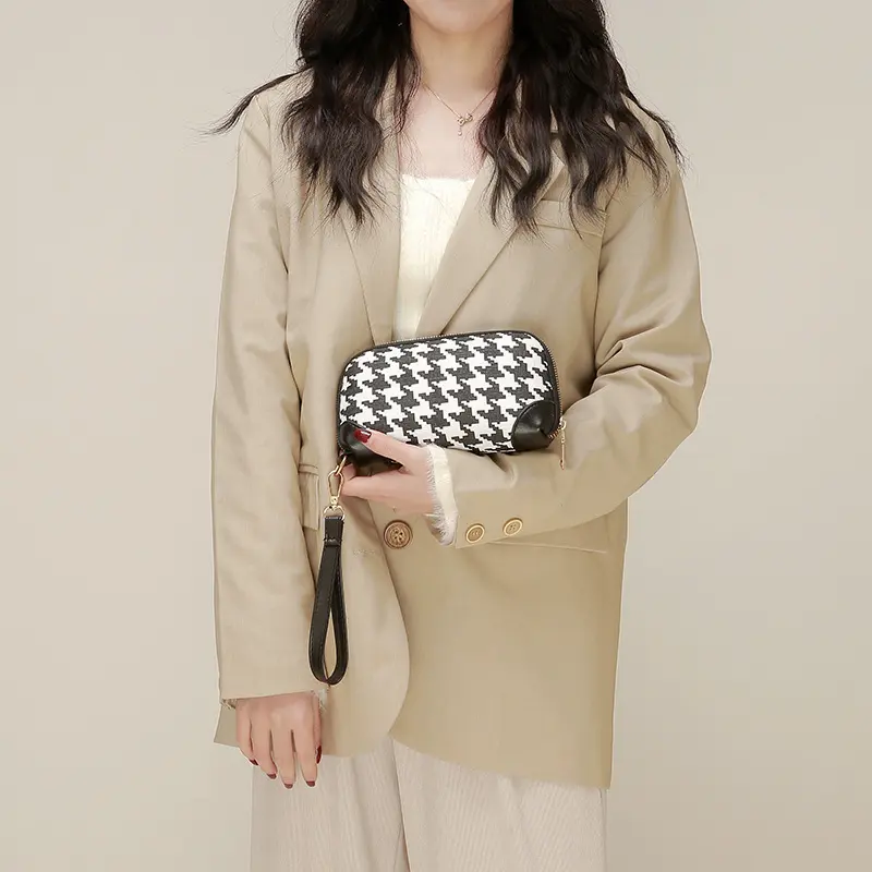 Women's Preppy Houndstooth Clutch Bag, Large Capacity Handheld Casual Zipper Purse for Daily Commute and Business, Checked Pattern Purse, Pu Leather, Preppy Look, Zippered, Houndstooth Checked, Zipper Closure
