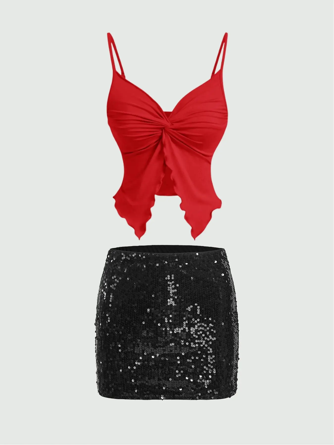 Women's fitted solid color skirt with butterfly strap Knit camisole two-piece set, perfect for date outfits.