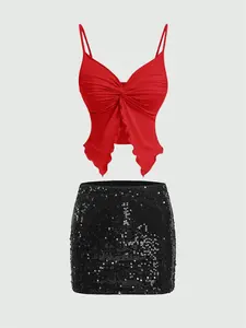 Women's solid color skirt with butterfly strap camisole two-piece set, perfect for date outfits.