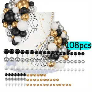 108 Pcs Balls Cake Topper DIY Cupcake Insert Foam Balloons for Cake Baking Wedding Anniversary Birthday Decoration(Black, Silver, White, Gold,Multi Sizes)