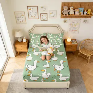 Cartoon Duck Fitted Sheet,Cute Farmhouse Livestock Animal Soft and Luxury Sheet Set,Lovely Green Natural Themed Bedding All Round Elastic Pocket,for Kids Boys Room