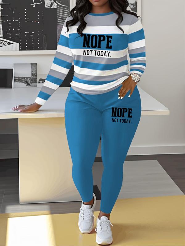 Two-piece Set Women's Striped and Letter Print Tee & Elastic Waist Pants, Casual Long Sleeve Top & Trousers for Spring & Fall, Women's Clothes for Daily Wear, Casual Outfits Women