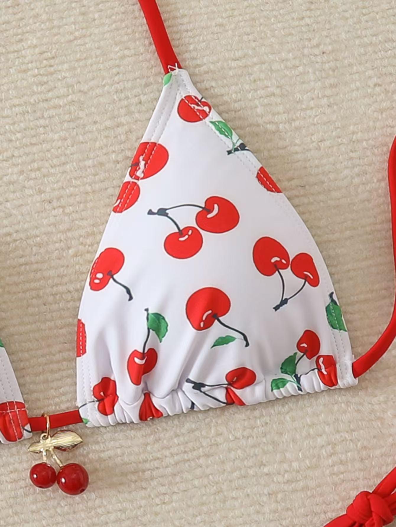 Women's split swimsuit, two-piece set - paired with cherry pendant | girlish color scheme | suitable for summer beach vacations, hot springs, and water parks | swimsuit