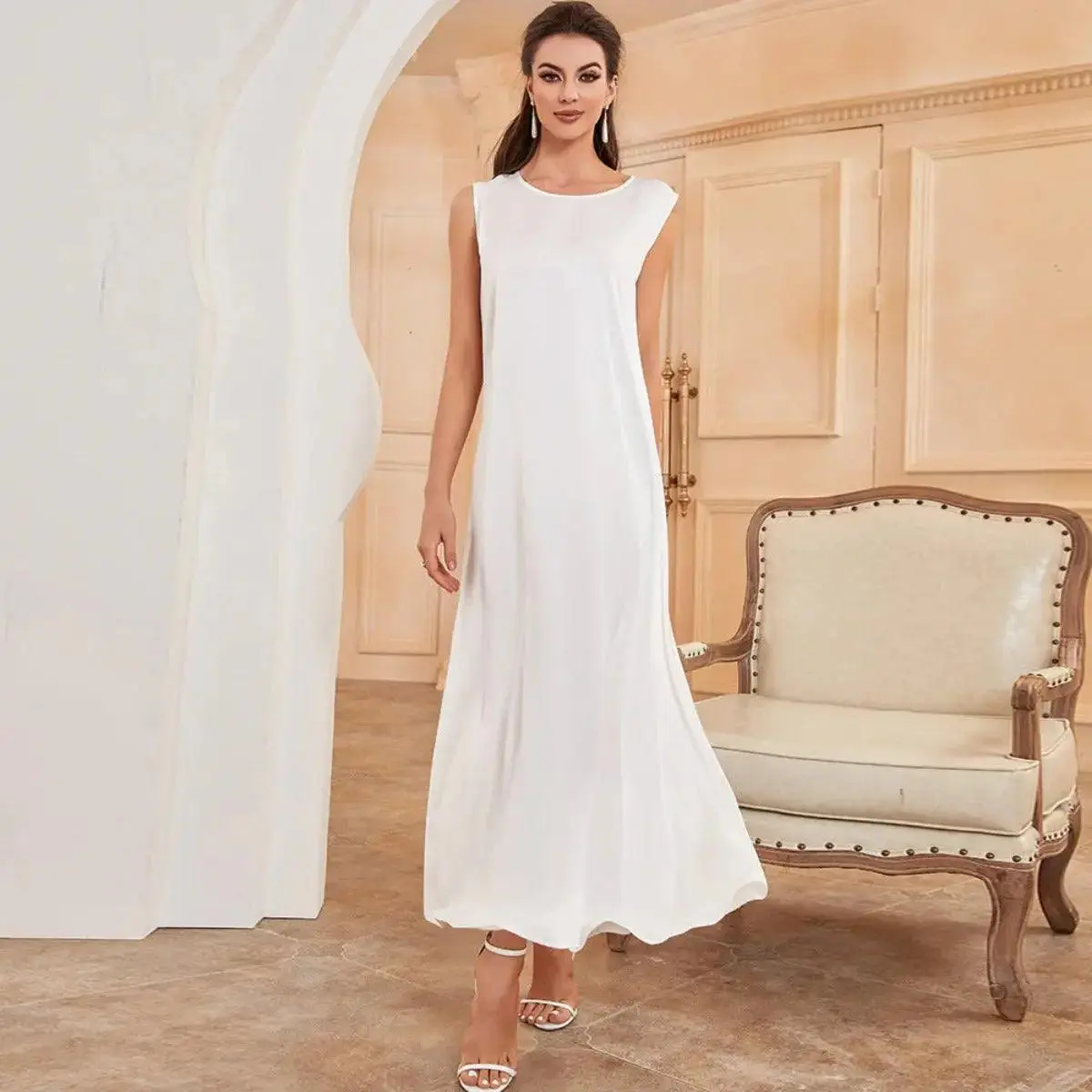 Women's Elegant Satin Sleeveless 1-Piece Inner Dress (MA037) - Modest Muslim Lady Fashion Wear, Casual Chic All-Seasons Islamic Clothing, Satin Fabric, One-Piece
